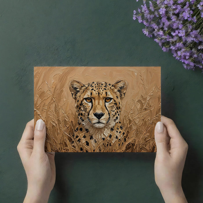 Bedroom interior with a large-scale cheetah head mural as a statement wall