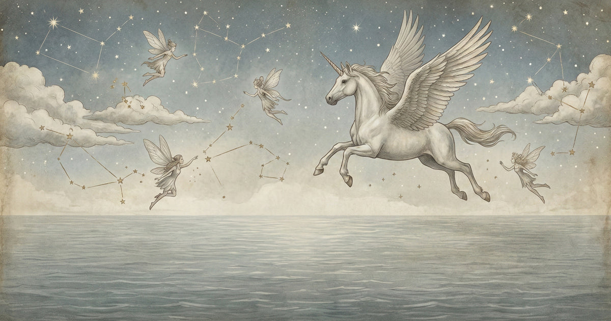 Mystical Pegasus and Fairies in Starry Sky Over Sea Mural