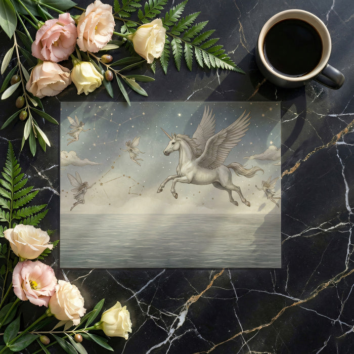 Mystical Pegasus and Fairies in Starry Sky Over Sea Mural