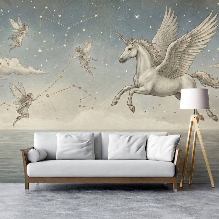 Mystical Pegasus and Fairies in Starry Sky Over Sea Mural