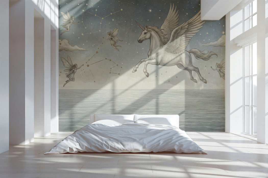 Mystical Pegasus and Fairies in Starry Sky Over Sea Mural