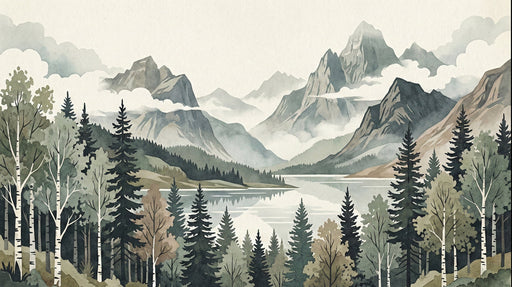 Watercolor mural of misty mountains, pine trees, and a calm lake in charcoal, green, and taupe tones.