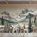 Misty mountain lake mural installed on a feature wall in a relaxing bedroom.