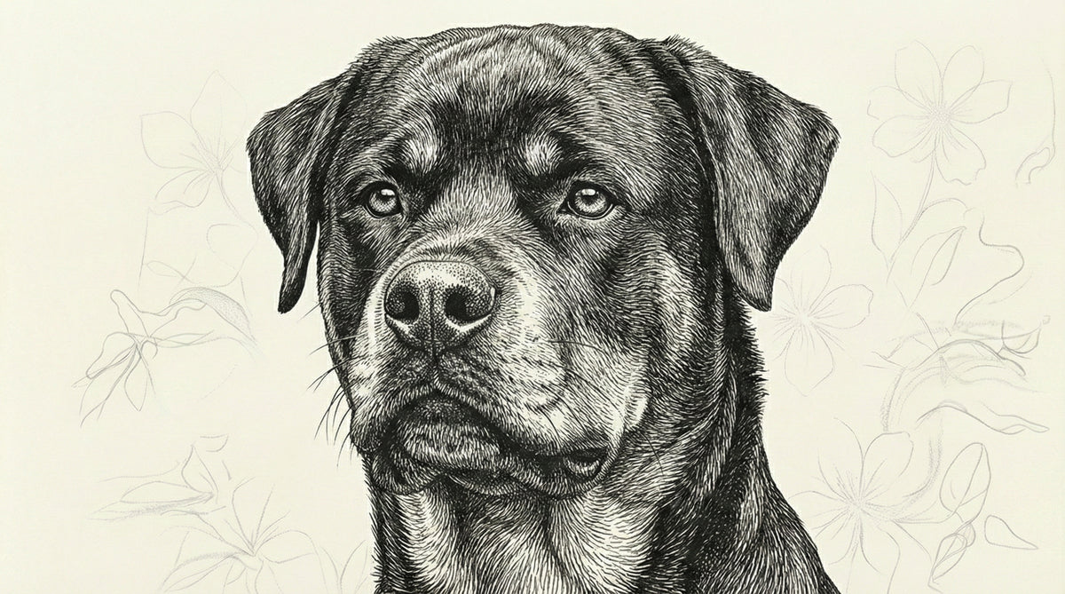 A fine ink drawing of a Rottweiler dog surrounded by faint floral sketches on a creamy background.
