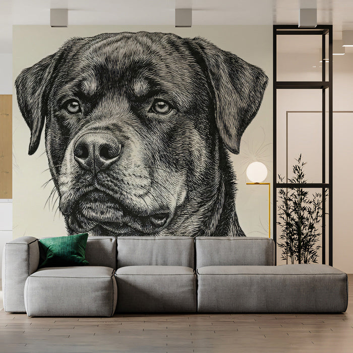 A moody library space with detailed ink portrait wallpaper adding character to the walls.