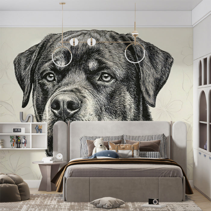 A cozy home office featuring a hand-drawn dog mural behind a dark wood desk.