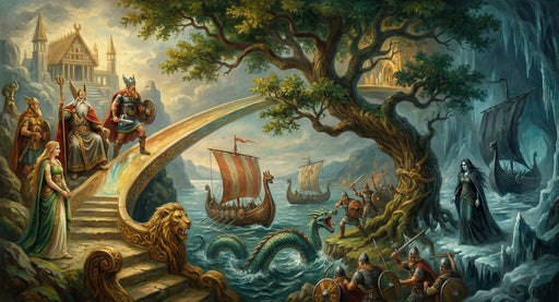 Norse mythology mural wallpaper featuring Viking warriors, longships, a golden bridge, and a sea serpent in an oil painting style