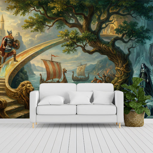 Living room featuring a large-scale Norse mythology wall mural behind a minimalist leather sofa