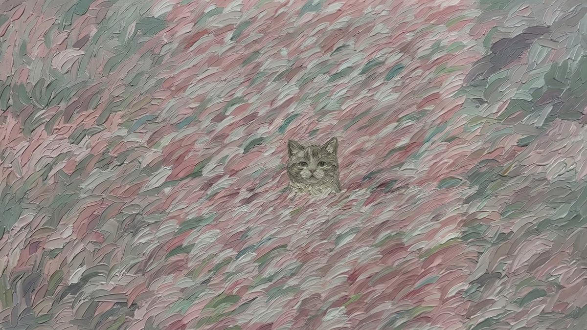 Impressionist style wallpaper featuring a cat peeking through thick, painterly brushstrokes in blush, sage, and gray.