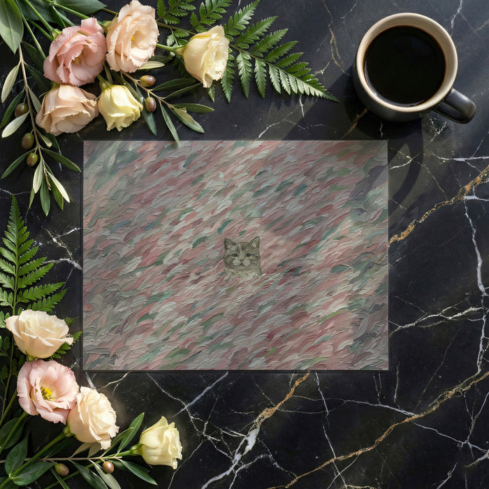 A cozy bedroom with the impressionist cat wallpaper behind a neutral-toned headboard.