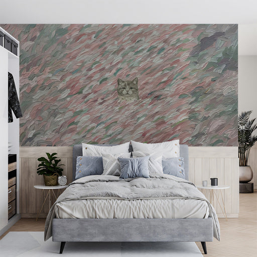 Whimsical cat garden mural installed as a feature wall in a soft-toned nursery room.