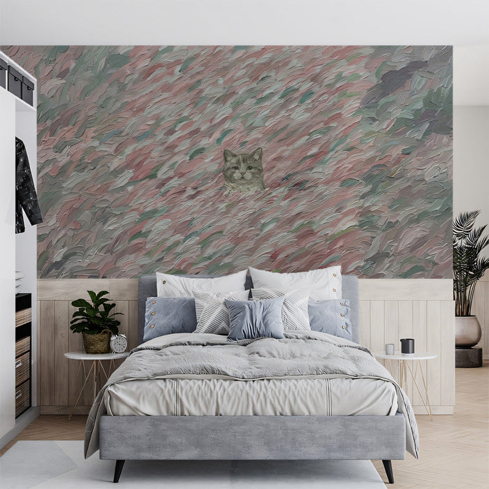 Whimsical cat garden mural installed as a feature wall in a soft-toned nursery room.