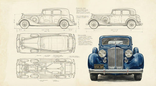 Vintage automotive blueprint wallpaper with technical drawings of a classic blue sedan on parchment paper.
