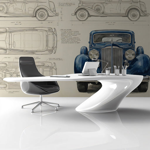 Automotive schematics wallpaper in a cozy living room with leather furniture and warm lighting.
