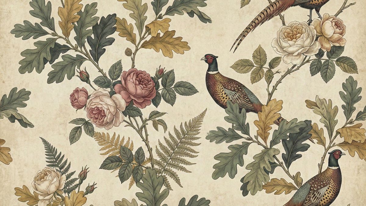 Botanical wallpaper pattern with pheasants, roses, ferns, and oak leaves in green, ochre, and pink on a vintage parchment background.