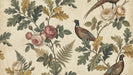 Botanical wallpaper pattern with pheasants, roses, ferns, and oak leaves in green, ochre, and pink on a vintage parchment background.