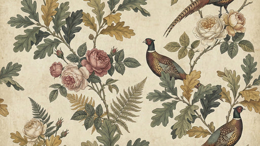 Botanical wallpaper pattern with pheasants, roses, ferns, and oak leaves in green, ochre, and pink on a vintage parchment background.