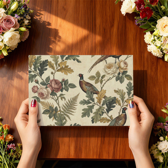 A cozy home library with traditional pheasant patterned wallpaper and dark wood bookshelves.