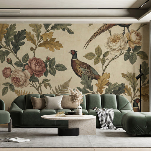 A vintage-inspired bedroom with botanical pheasant wallpaper and antique bedroom furniture.