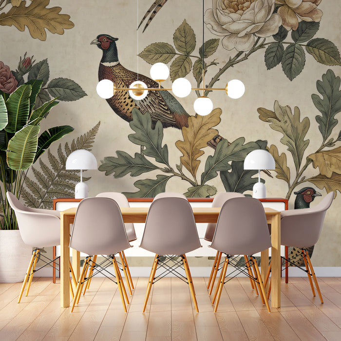 A sophisticated dining room featuring pheasant and floral wallpaper as a feature wall behind a wooden table.