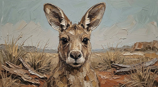 Textured oil painting style mural featuring a central kangaroo in an outback landscape of ochre, beige, and terracotta.