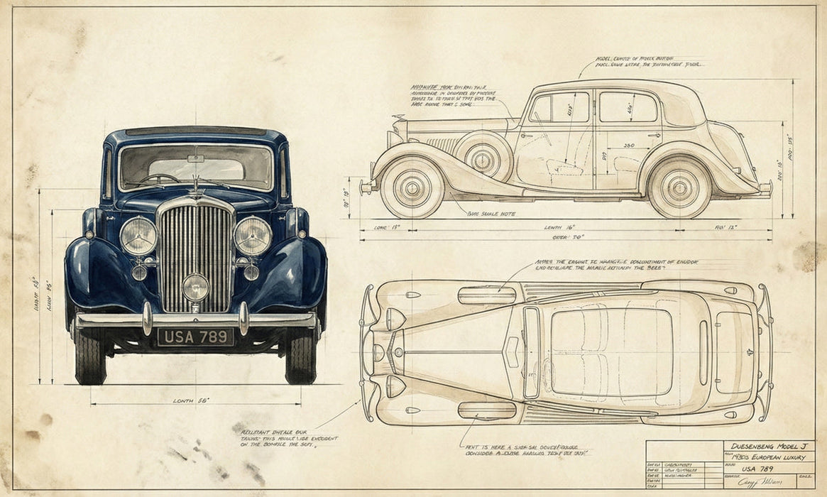 Vintage automotive blueprint wallpaper with dark navy classic car technical drawings on an aged sepia parchment background.