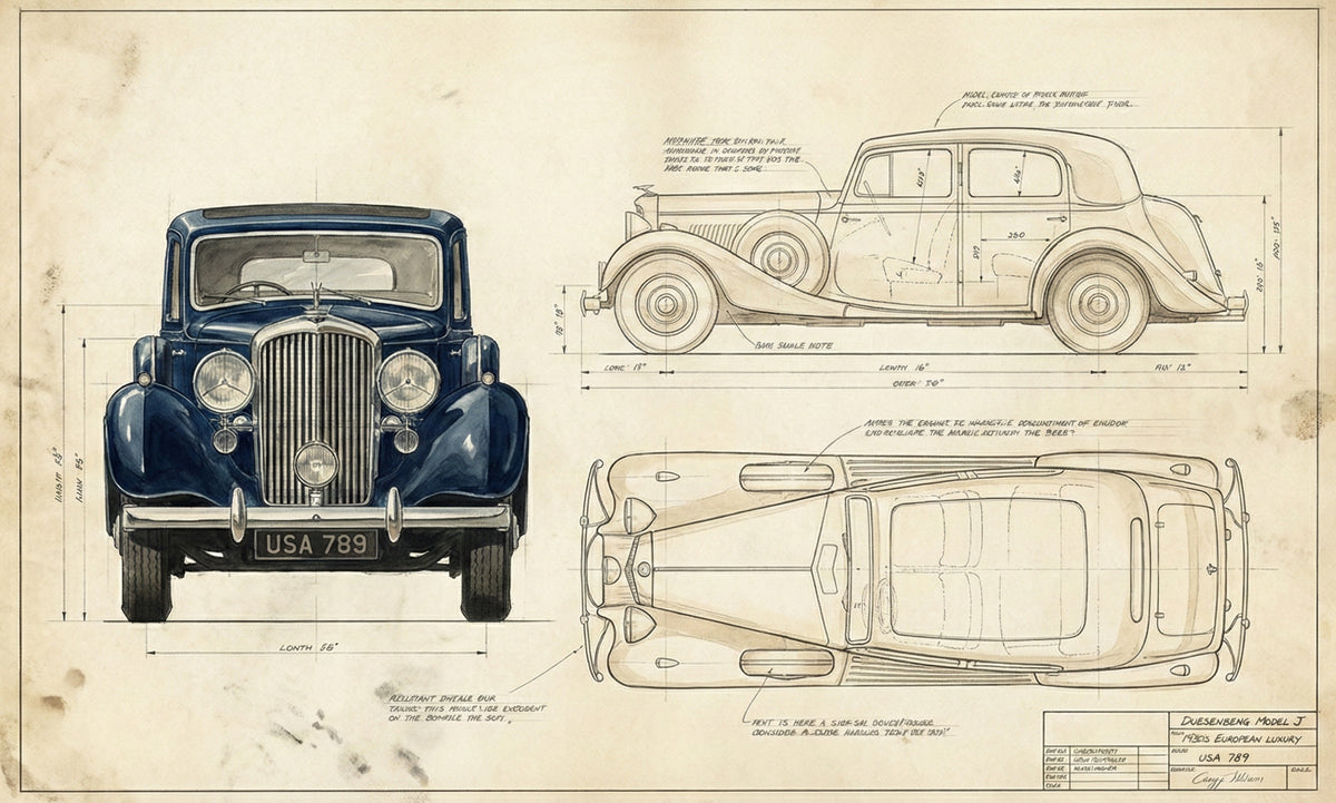 Vintage automotive blueprint wallpaper with dark navy classic car technical drawings on an aged sepia parchment background.