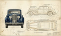 Vintage automotive blueprint wallpaper with dark navy classic car technical drawings on an aged sepia parchment background.