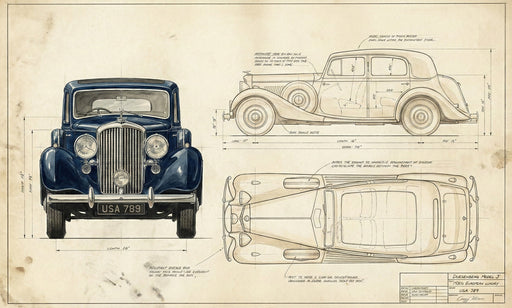Vintage automotive blueprint wallpaper with dark navy classic car technical drawings on an aged sepia parchment background.