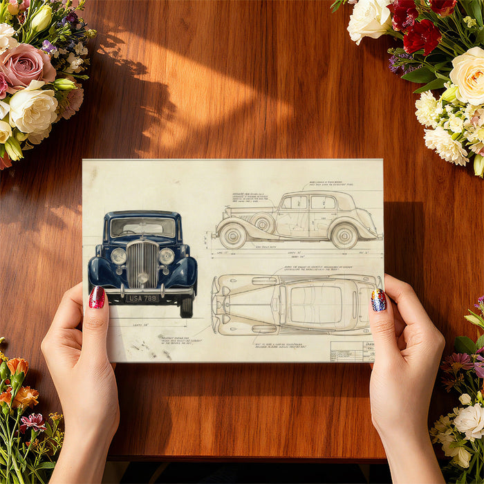 Automotive engineering sketch wallpaper as a feature wall in a man cave or workshop.