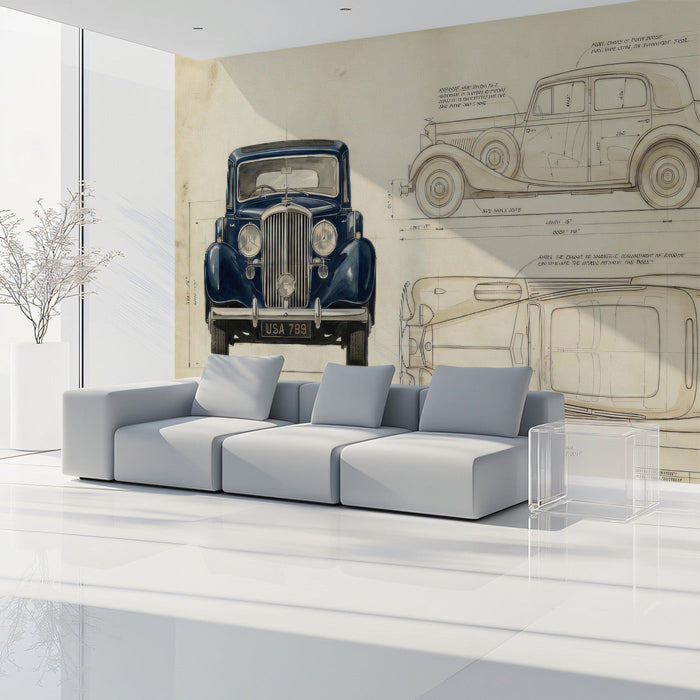Classic vehicle drafting mural displayed in a creative study room with industrial decor.