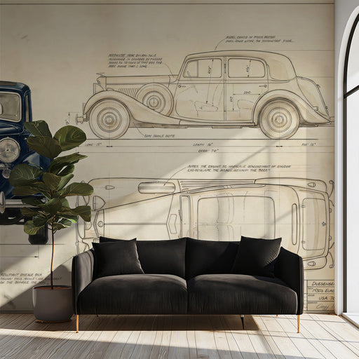 Vintage car blueprint mural installed in a refined home office with wooden furniture.