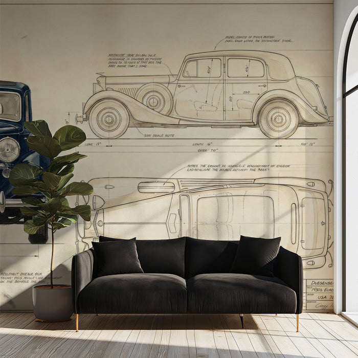 Vintage car blueprint mural installed in a refined home office with wooden furniture.