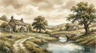 A watercolor landscape mural showing stone cottages, a winding path, a stone bridge over a river, and rolling hills in soft earth tones.