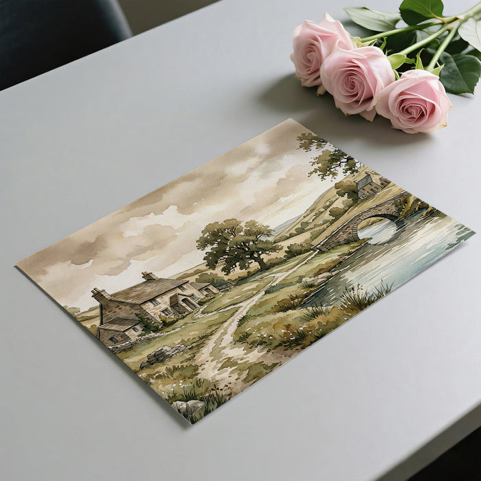 A serene bedroom retreat with the watercolor pastoral mural acting as an expansive headboard backdrop.