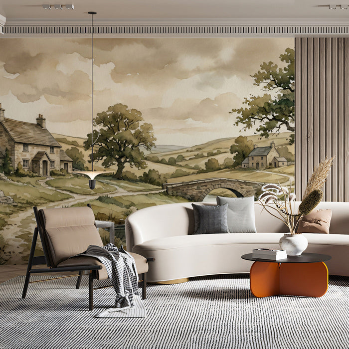 A charming dining room wall featuring a pastoral landscape mural with warm, rustic wooden decor.