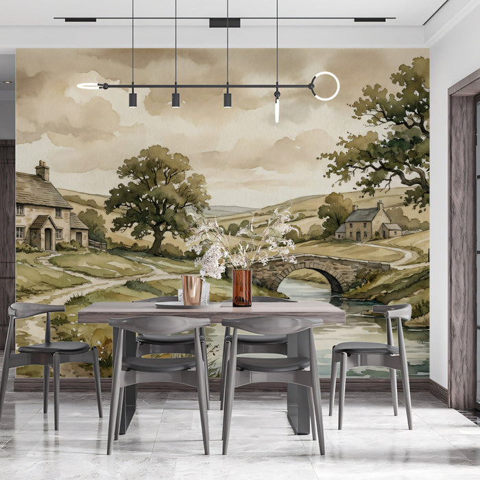 A cozy reading nook featuring the countryside landscape mural on the main wall behind a tufted armchair.