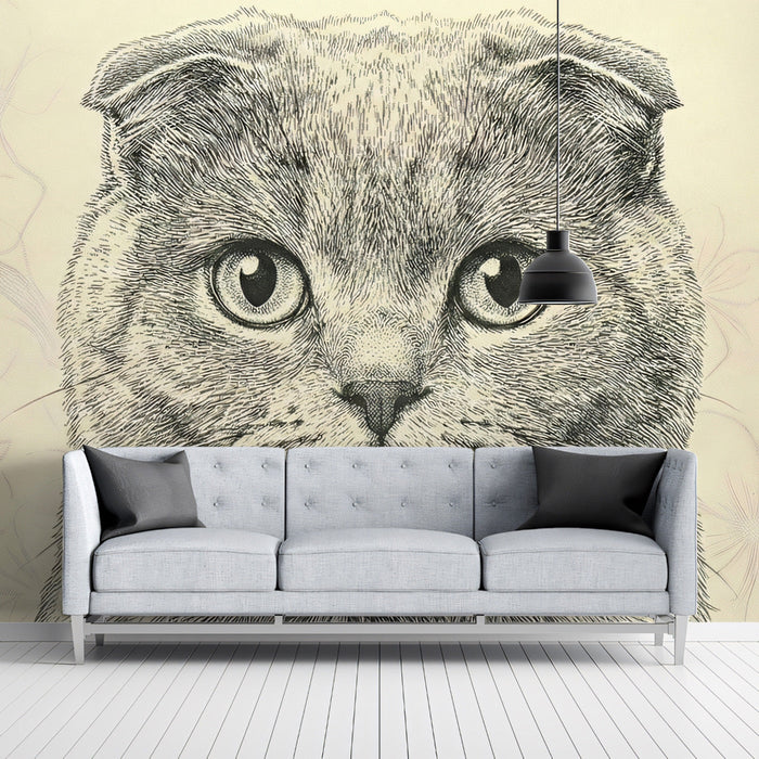 Hand-drawn feline wall art in a stylish reading room with comfortable armchair