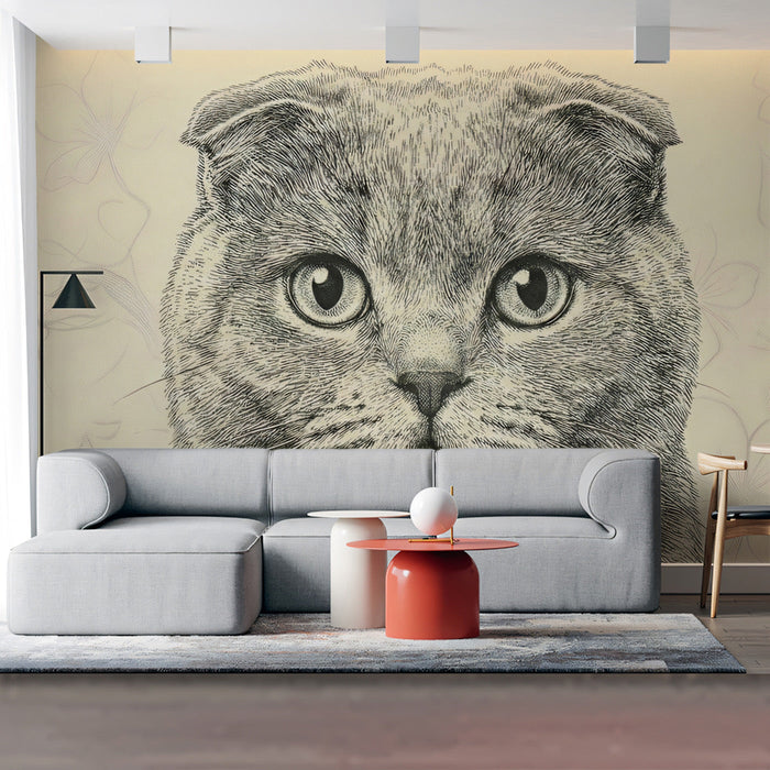 Scottish Fold cat mural installed in a cozy home office behind a wooden desk