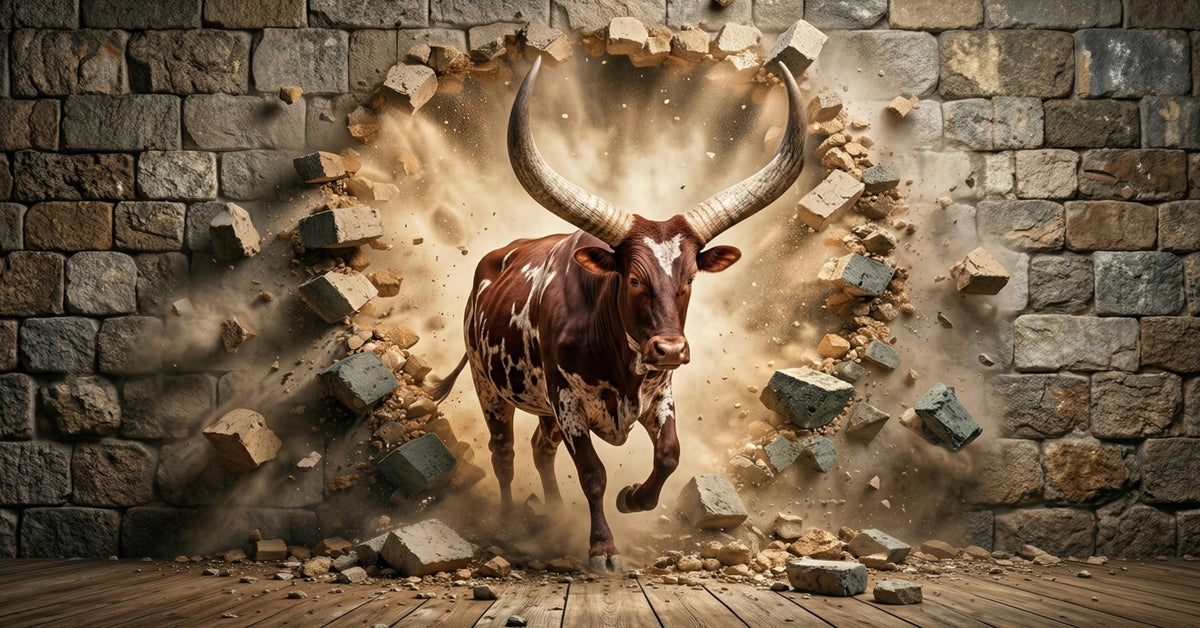 A powerful Watusi bull bursting through a stone brick wall with flying debris and dust clouds.