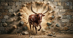 A powerful Watusi bull bursting through a stone brick wall with flying debris and dust clouds.