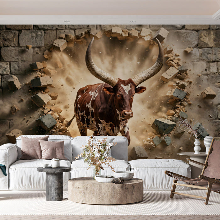 A masculine home office with the charging bull mural creating a high-energy focal point.