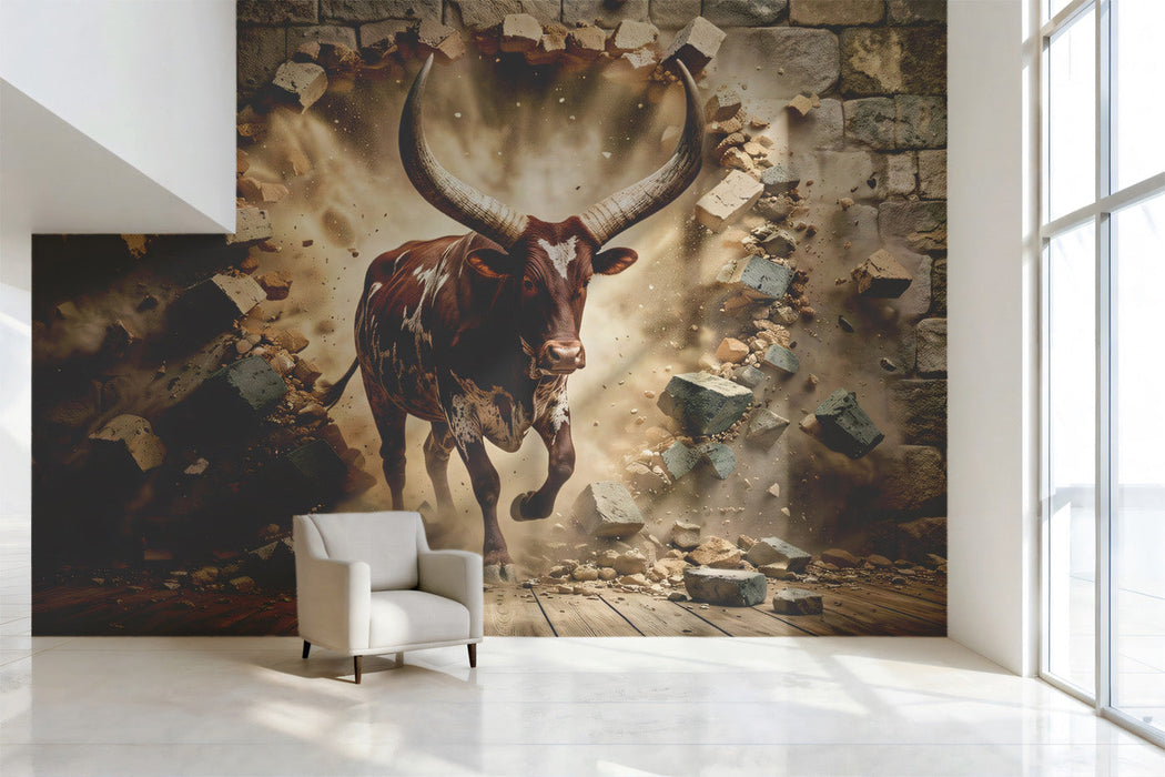 The bull mural installed in a modern home gym with industrial equipment.