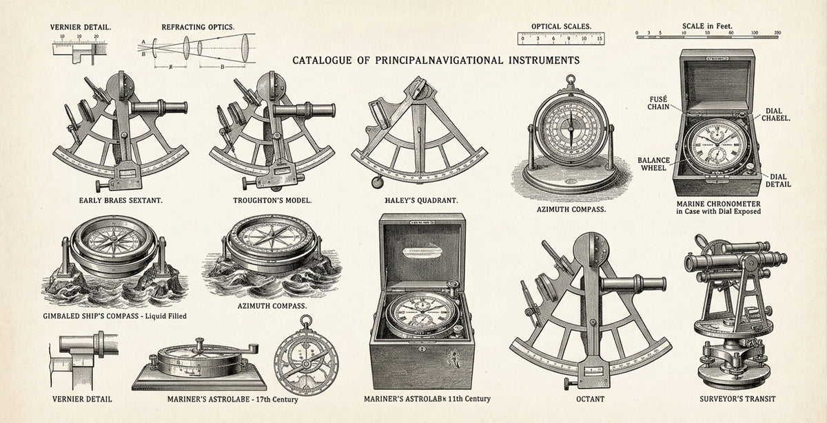 Vintage nautical and scientific instruments pattern in charcoal line art on parchment background