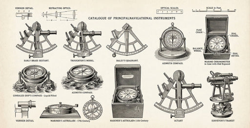 Vintage nautical and scientific instruments pattern in charcoal line art on parchment background