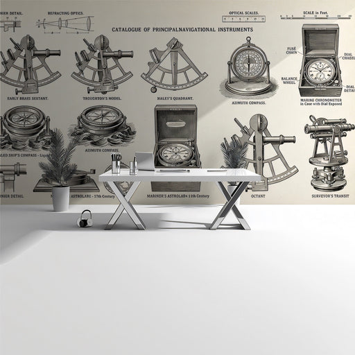 Study room featuring navigation instrument wallpaper with antique wooden desk and brass lamp