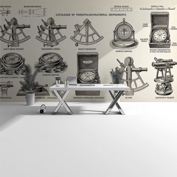 Study room featuring navigation instrument wallpaper with antique wooden desk and brass lamp