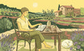 Illustrated Mediterranean terrace scene with a person reading, olive trees, lavender, and a sleeping cat in warm yellow tones.