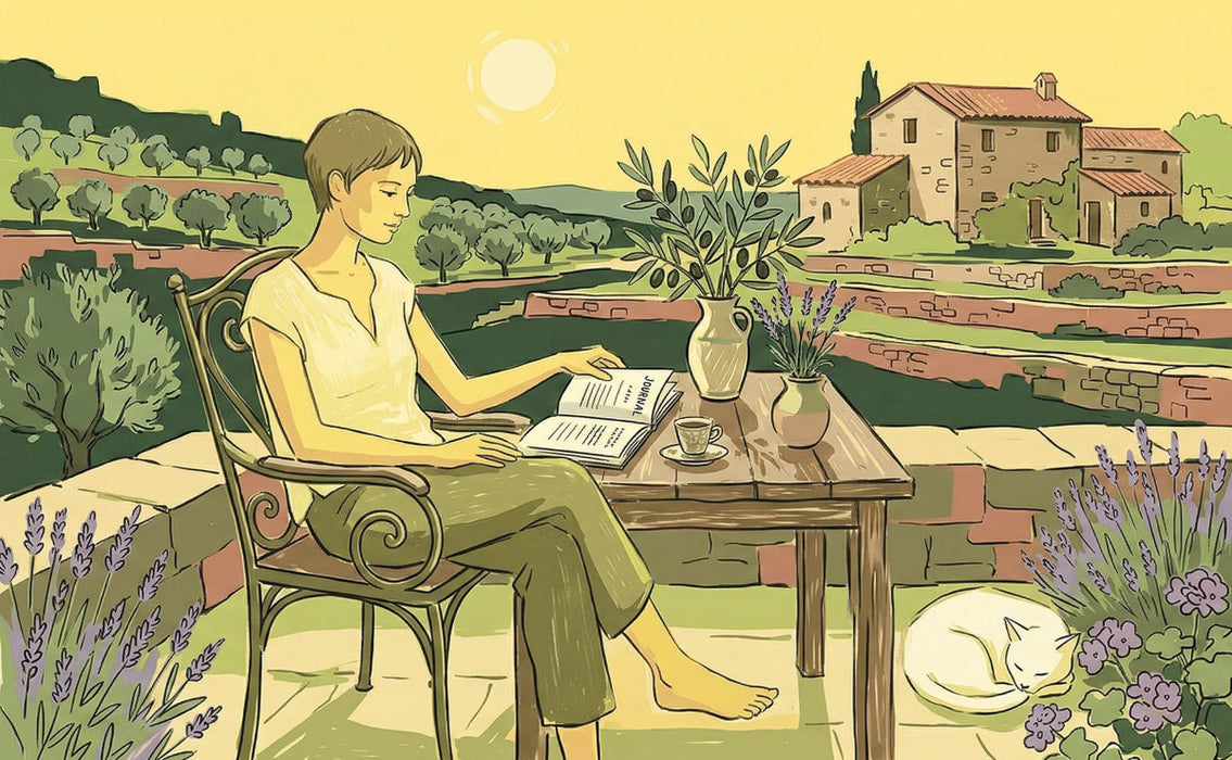 Illustrated Mediterranean terrace scene with a person reading, olive trees, lavender, and a sleeping cat in warm yellow tones.