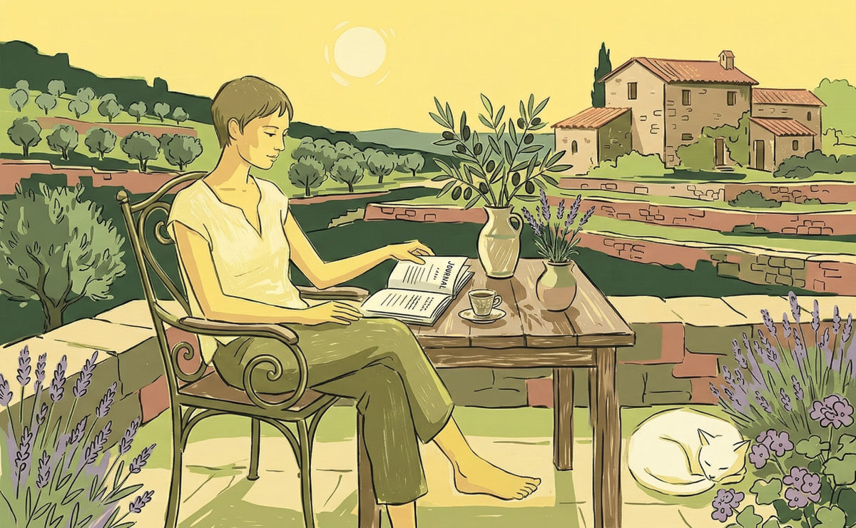 Illustrated Mediterranean terrace scene with a person reading, olive trees, lavender, and a sleeping cat in warm yellow tones.